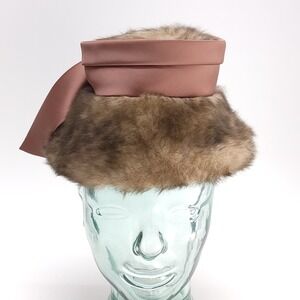 Vintage Sonni California Brown Faux Fur Pillbox Hat Pink Satin Ribbon 1960s USA